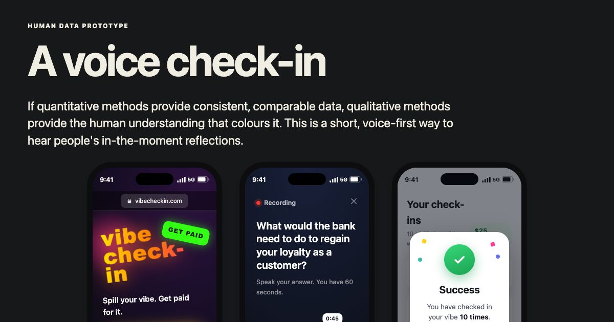 Preview of a mobile voice check-in with recording and payment confirmation screens